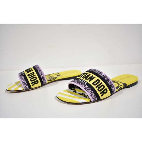 Christian Dior Dway Jungle Yellow Black Embroidered Logo Slide Flat Sandal 36.5 - Picture 10 of 12